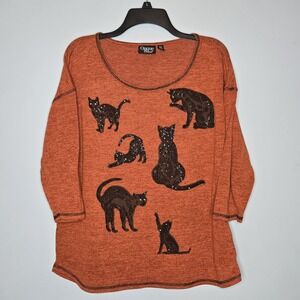 Onque XL Burnt Orange Black Cat Top Crazy Grannycore Beaded Sequin Embellished